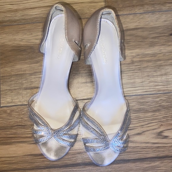 Champagne Satin Peep Toe Heels with Crystal Accents - Picture 2 of 7